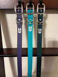 Pisgah collars in Violet, Teal, and Green
