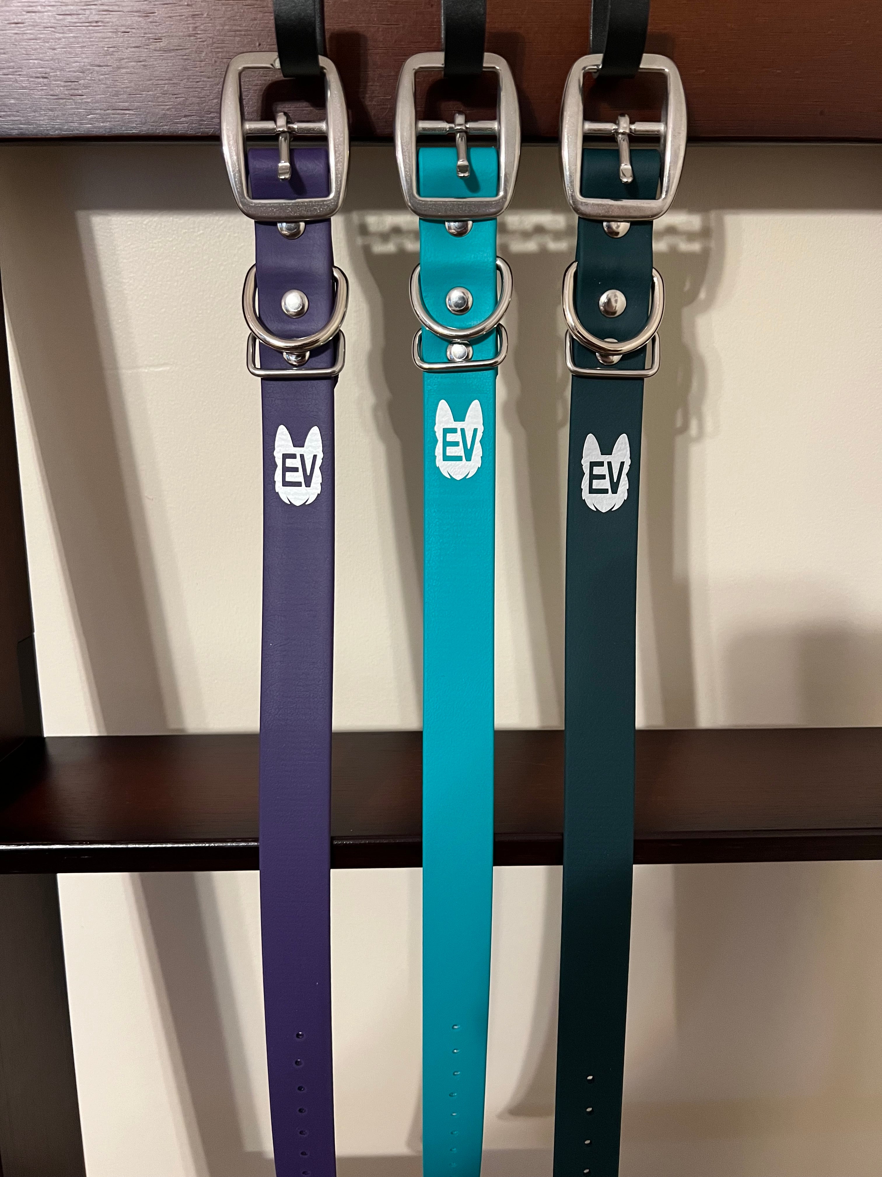 Pisgah collars in Violet, Teal, and Green