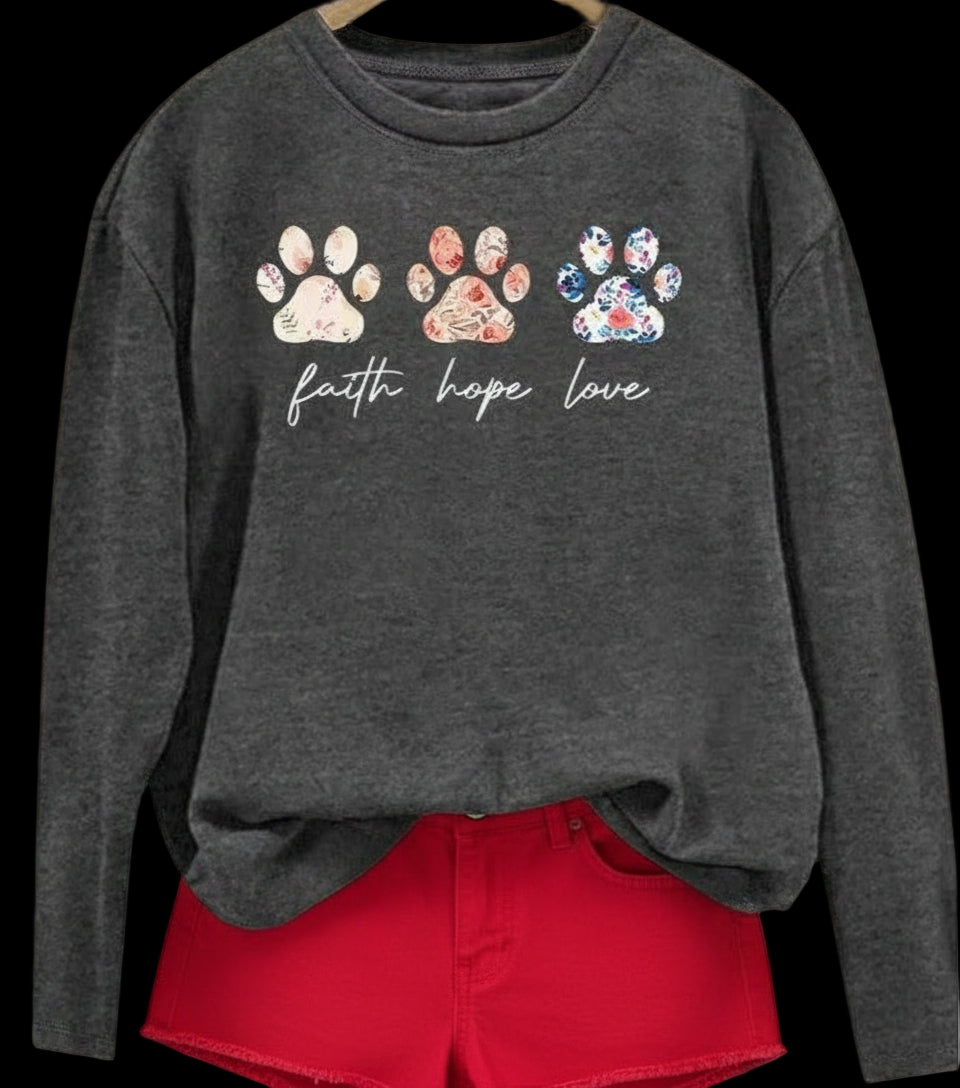 Faith, Hope, Love Paw Print Long Sleeve Top- XL