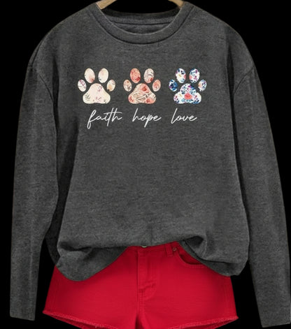 Faith, Hope, Love Paw Print Long Sleeve Top- XL