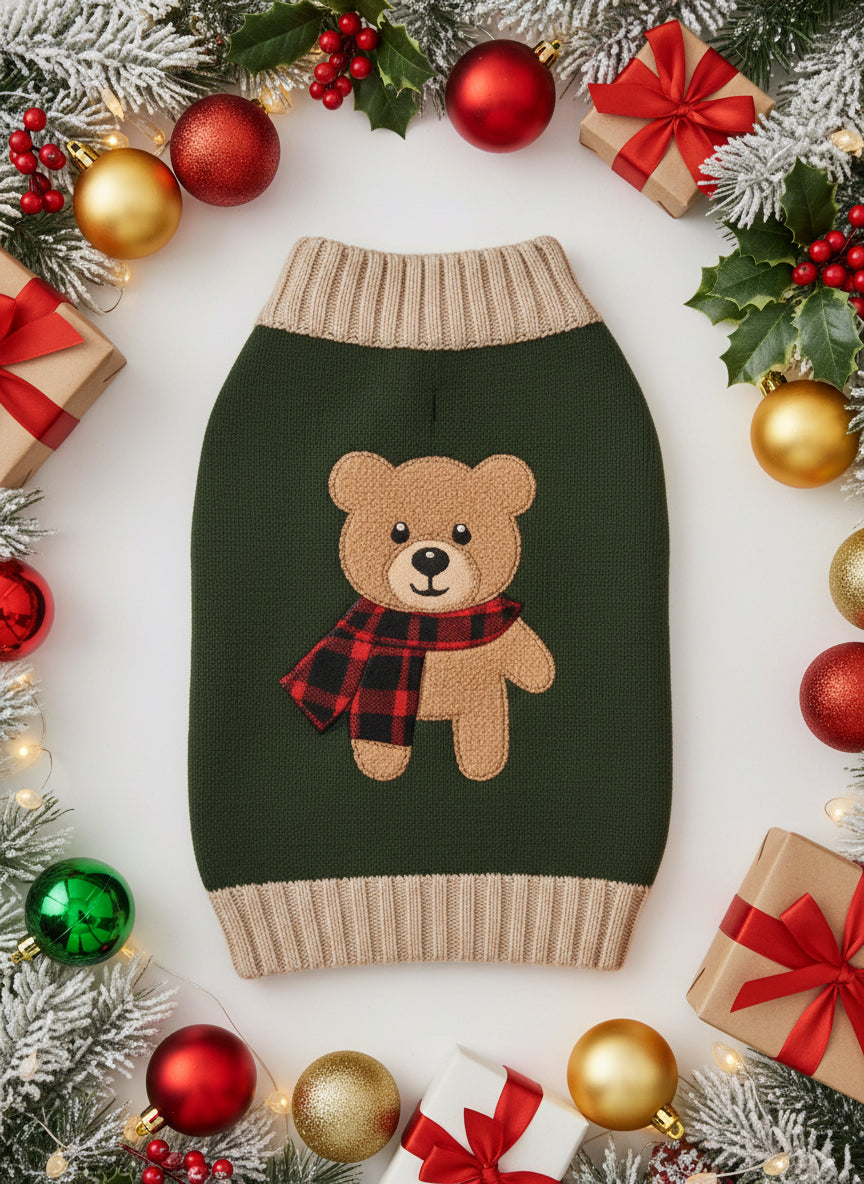 Cozy Christmas Dog Sweater – Teddy Bear Appliqué