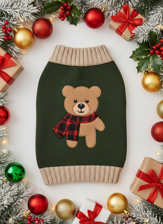 Cozy Christmas Dog Sweater – Teddy Bear Appliqué
